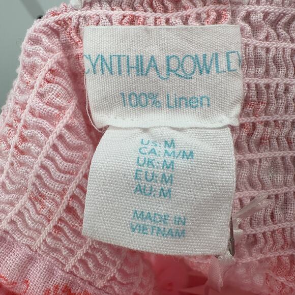 Cynthia Rowley Linen Smocked Blouse M Pink Peacock Print Puff Sleeve Square Neck - Picture 9 of 10